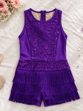 Weissman Purple Sequin Fringe Dance Costume Jazz Tap Comp Leotard Child